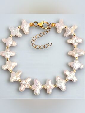 Genuine Cross-Shaped Freshwater Pearl Bracelet in 18K Gold Vermeil